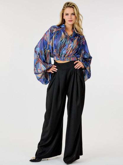 WOMEN'S ZIP UP PLEATED FRONT POCKETS WIDE LEG PANTS