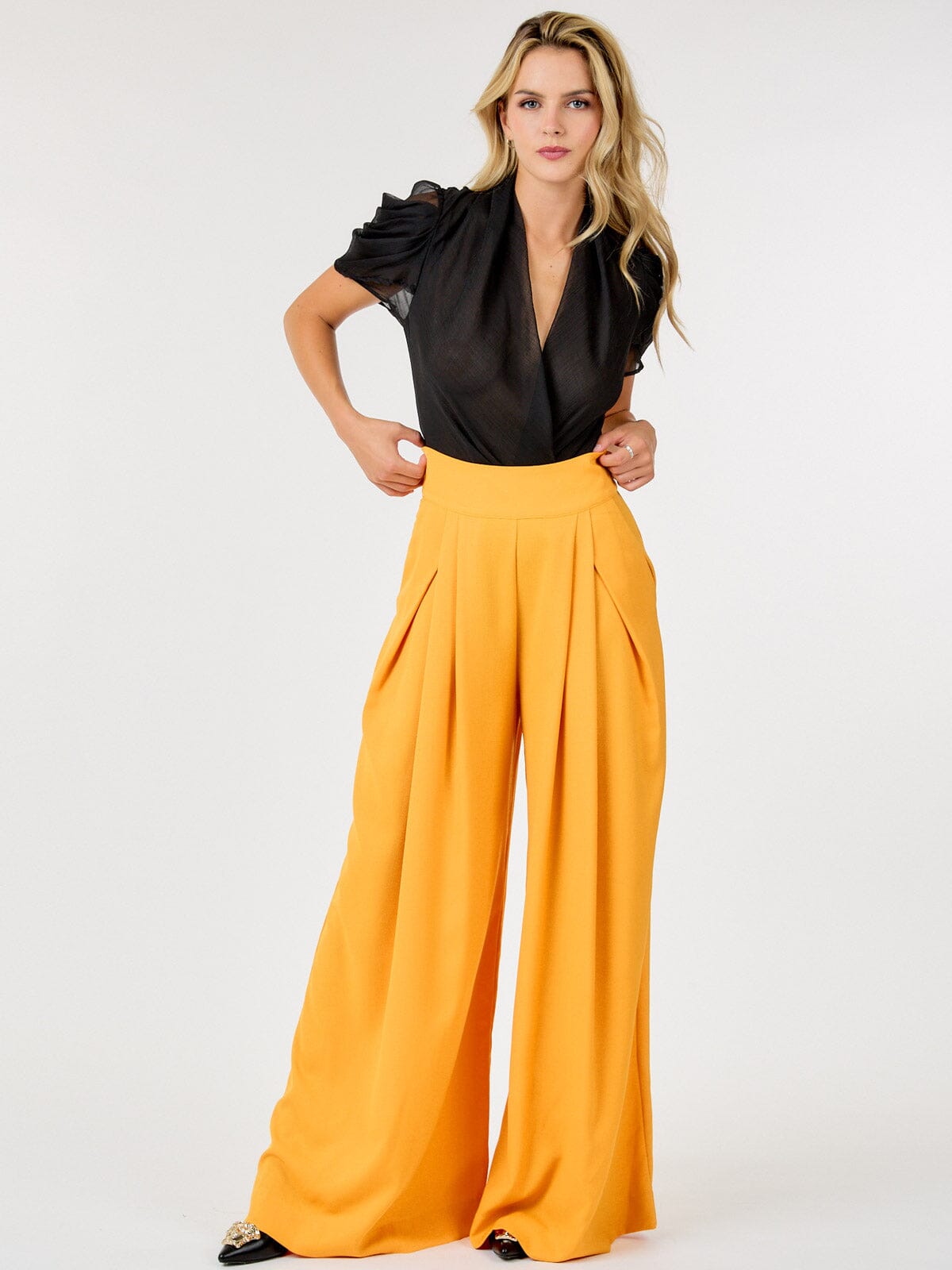 WOMEN'S ZIP UP PLEATED FRONT POCKETS WIDE LEG PANTS