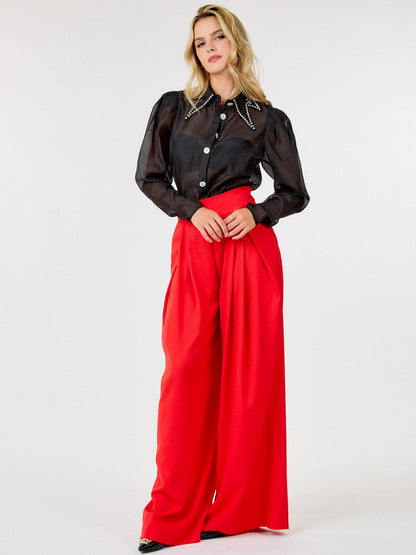 WOMEN'S ZIP UP PLEATED FRONT POCKETS WIDE LEG PANTS