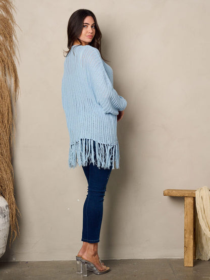 Woman long sleeve open front fringe