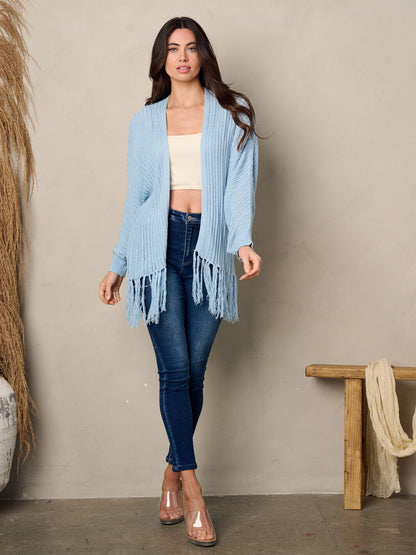 Woman long sleeve open front fringe