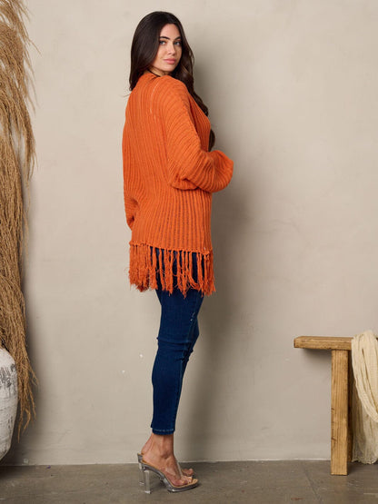 Woman long sleeve open front fringe