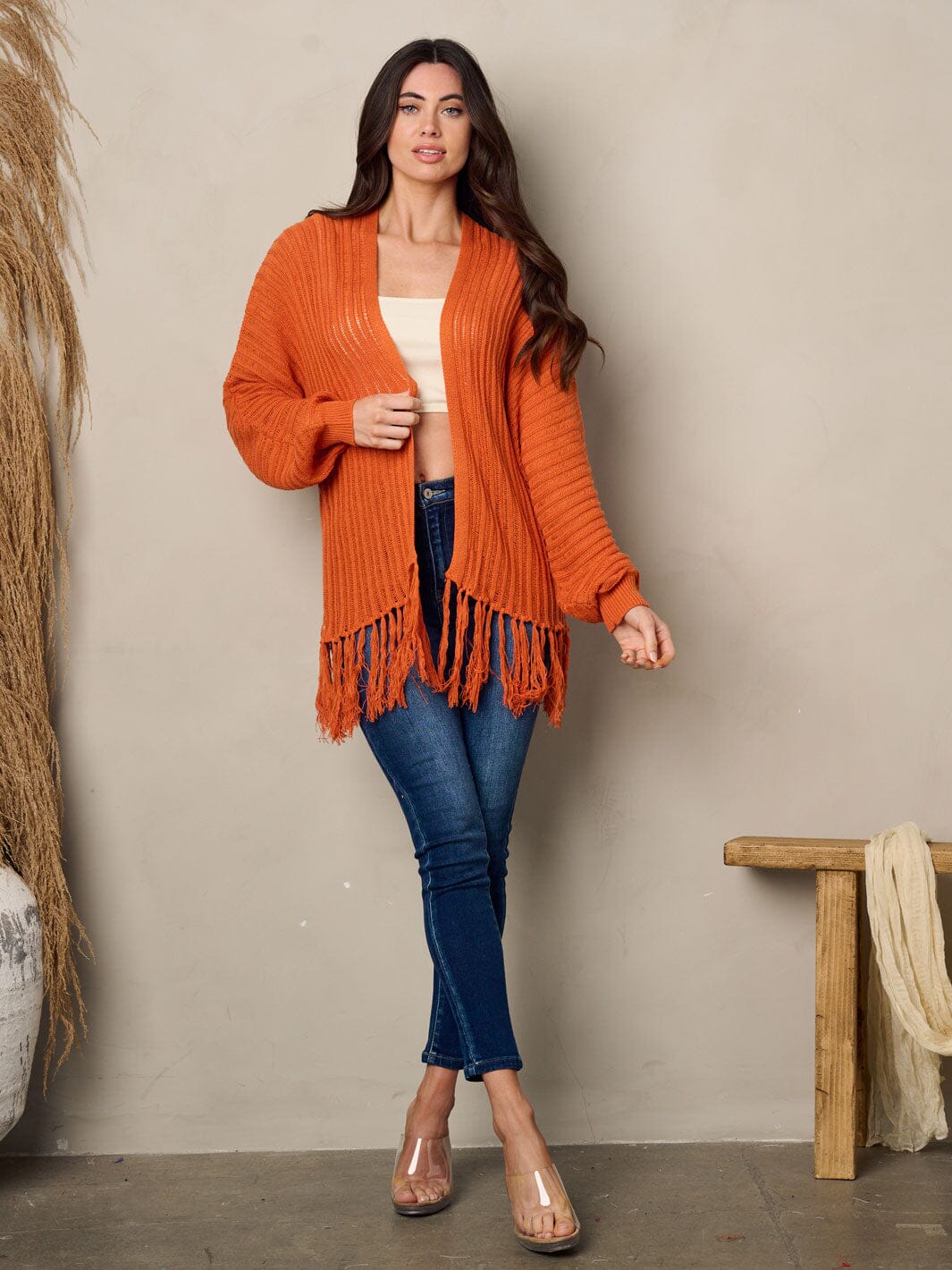 Woman long sleeve open front fringe