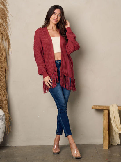 Woman long sleeve open front fringe