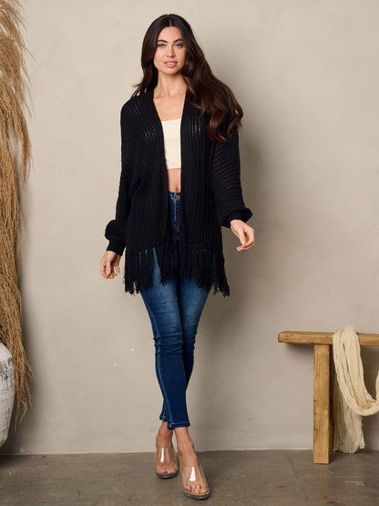 Woman long sleeve open front fringe